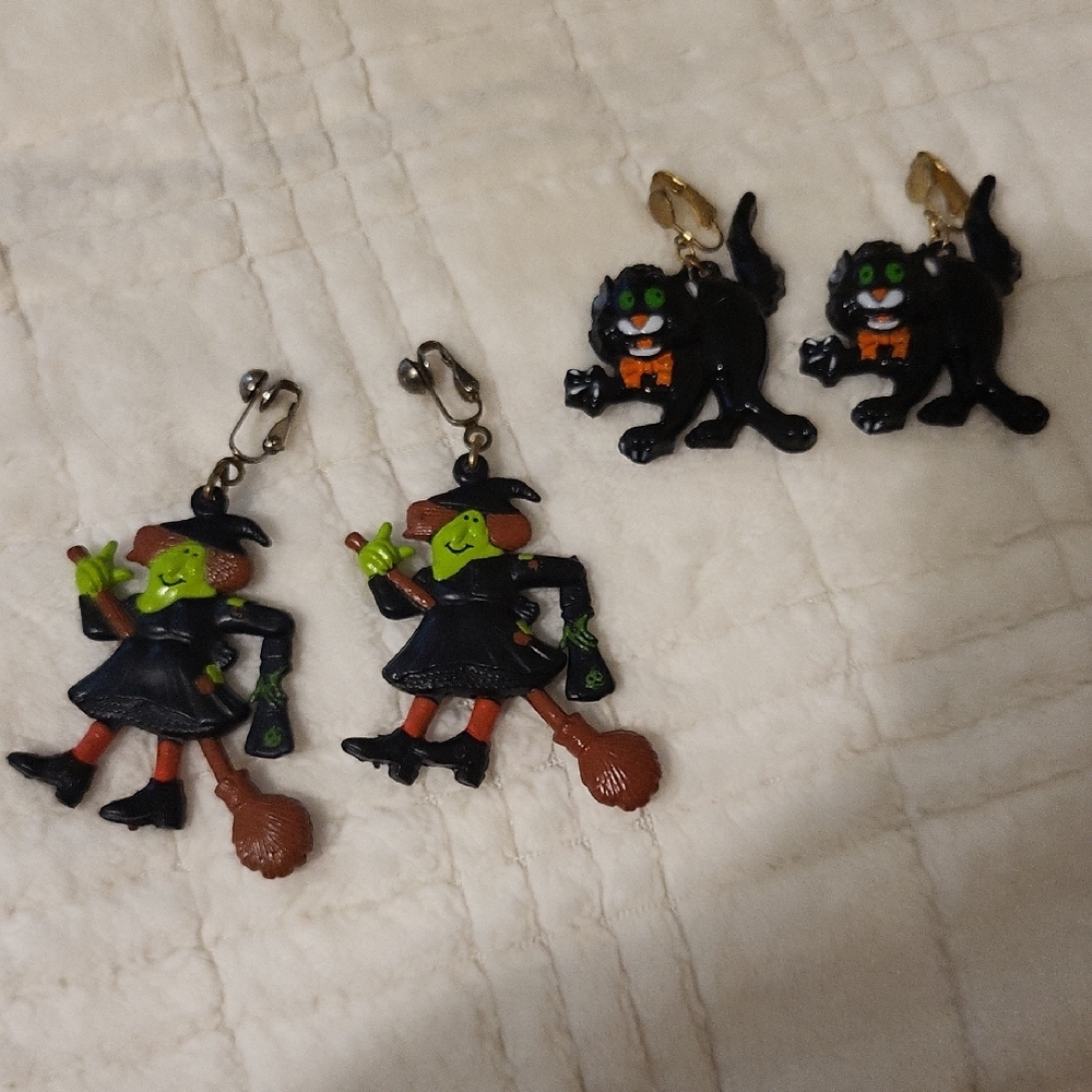 Vintage Witch and Cat Clip On Halloween Earrings